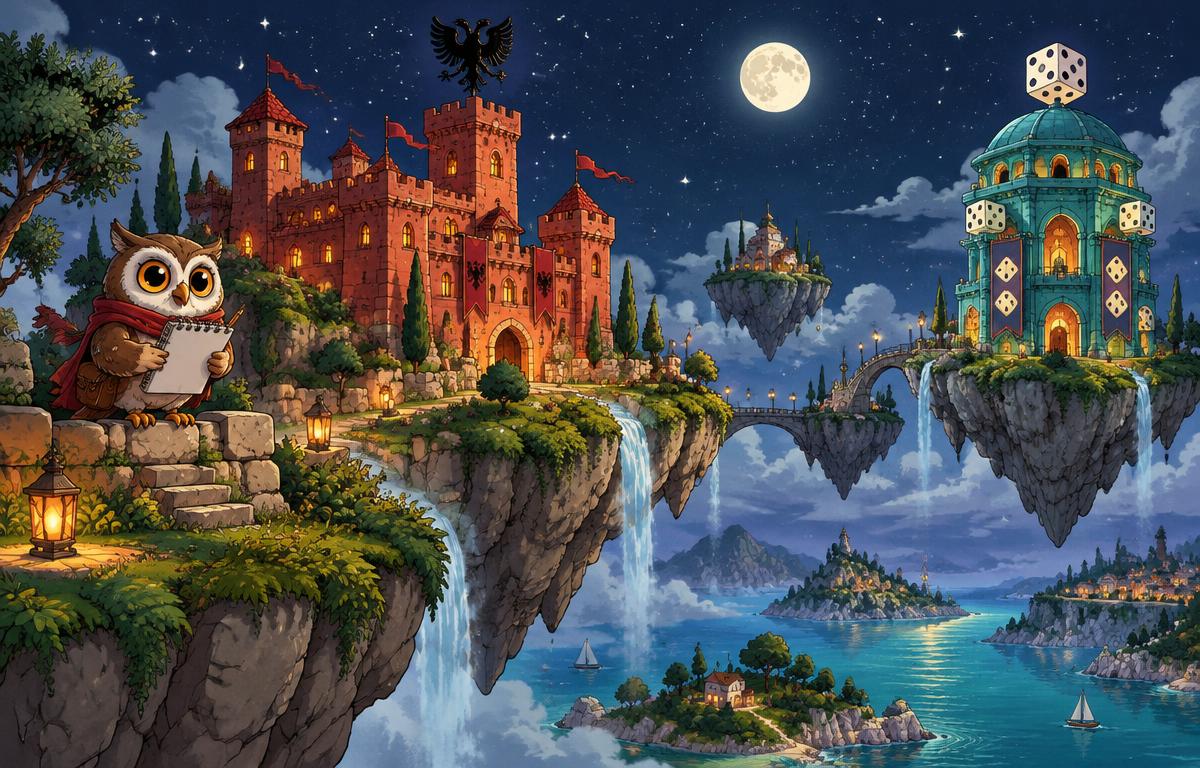 Fantasy illustration of an Albanian-inspired red castle and a separate teal dice tower on floating islands, with an owl journalist