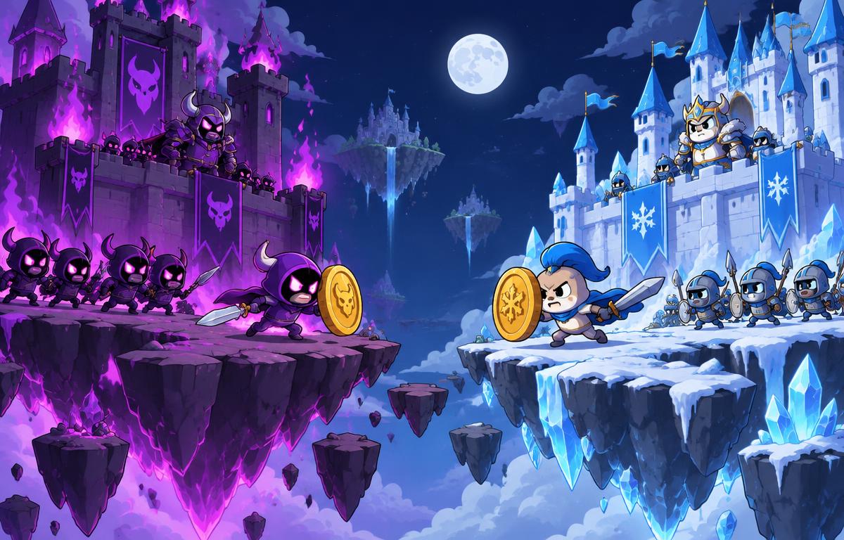 Two rival cartoon castles facing off across floating islands