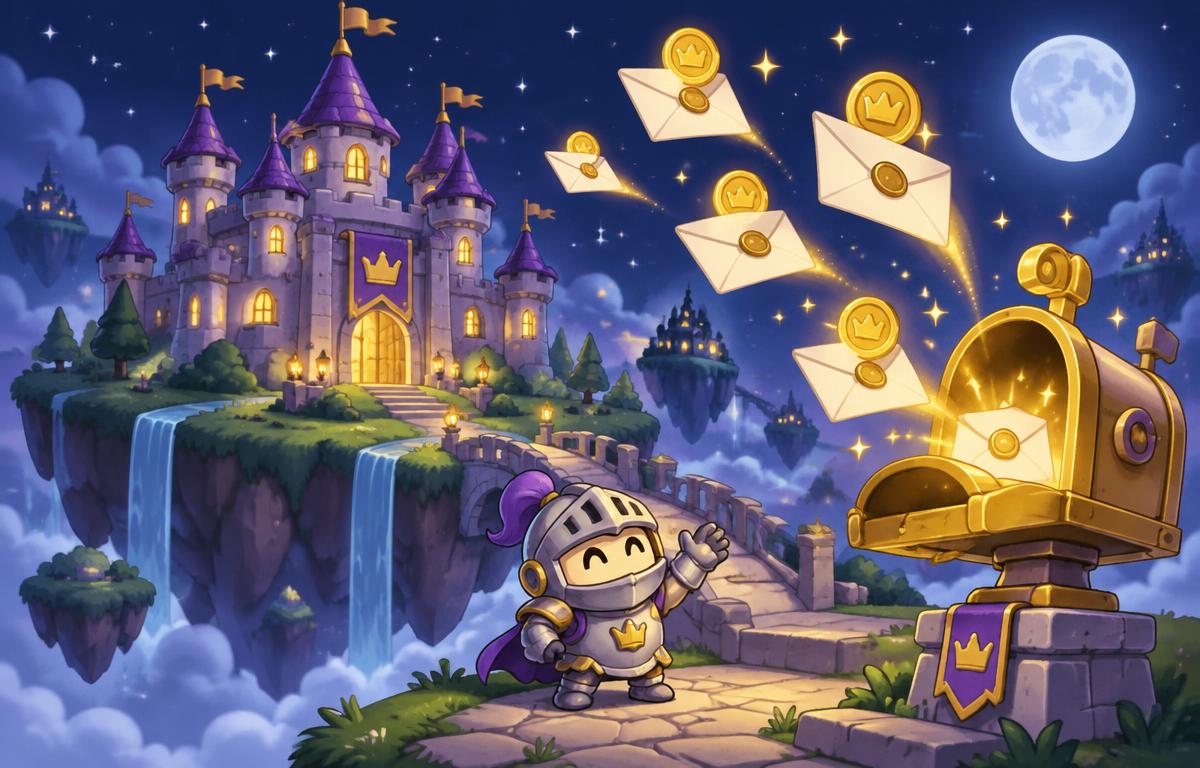 Cartoon knight by a purple castle as coin-filled envelopes fly from a golden mailbox