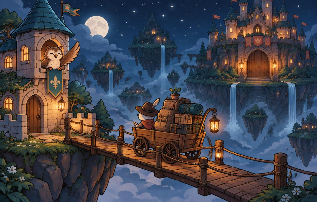 Cartoon castle with a packed luggage wagon crossing a bridge away from a gated castle, an owl waving goodbye