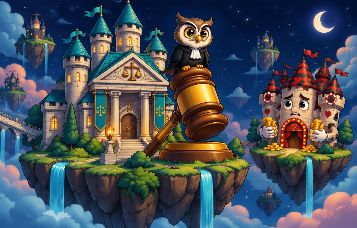 Cartoon courthouse castle with a giant golden gavel and an owl judge, facing a worried casino castle on floating islands