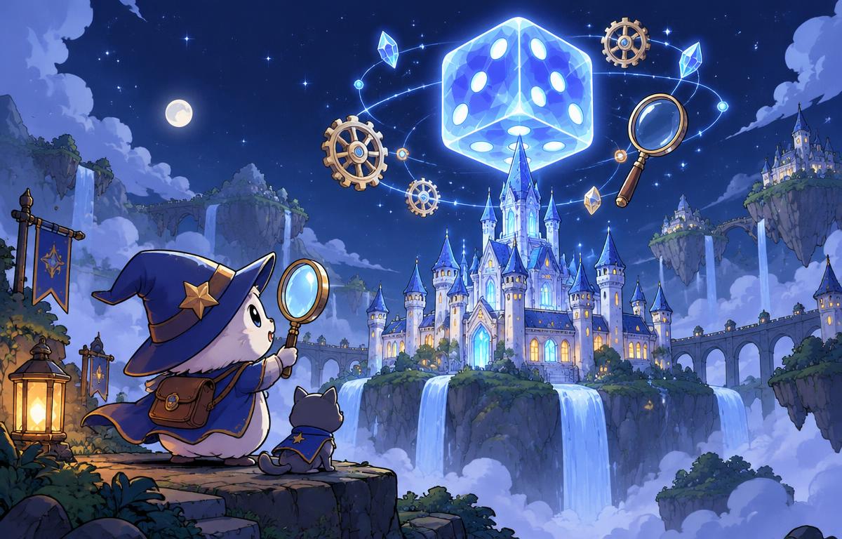 Cartoon wizard inspecting a glowing dice above a crystal castle