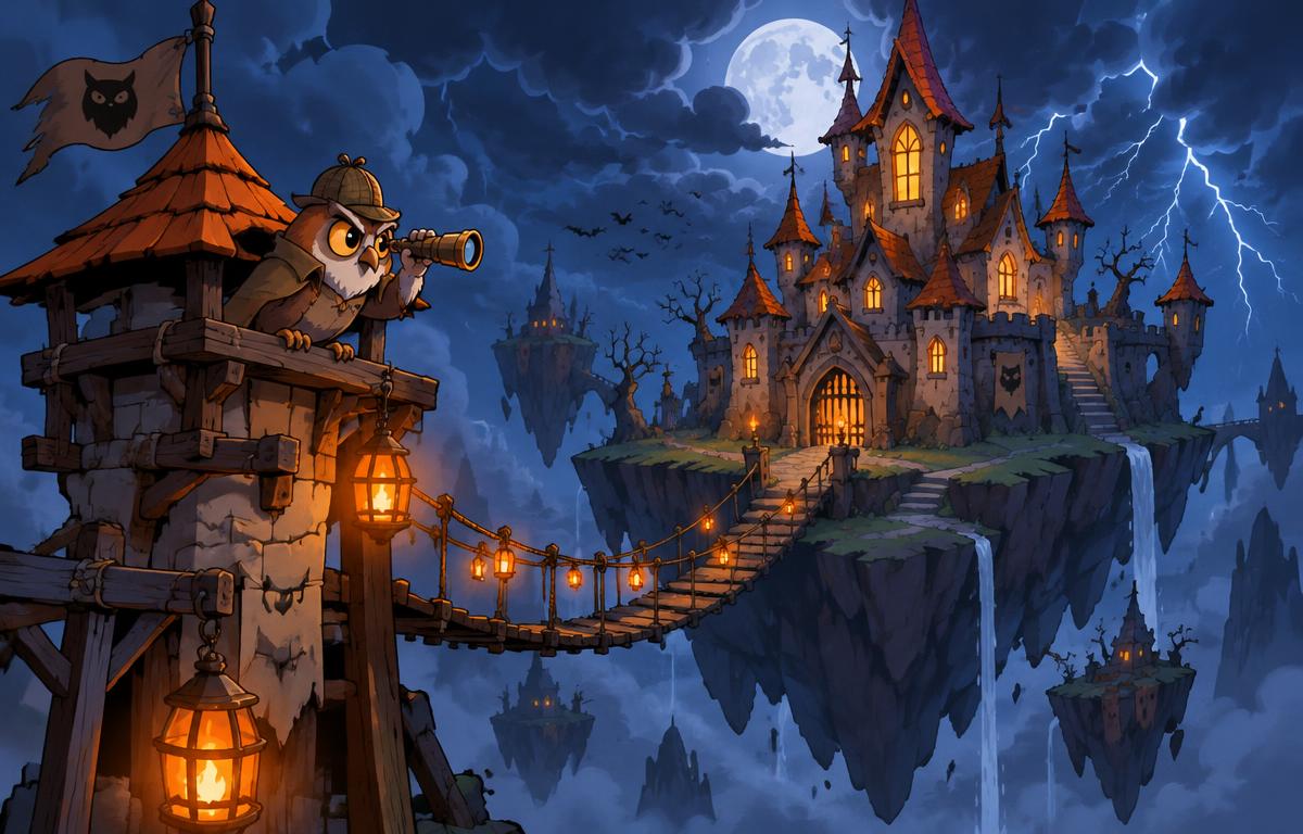 Detective owl watching a crooked castle from a lantern-lit watchtower