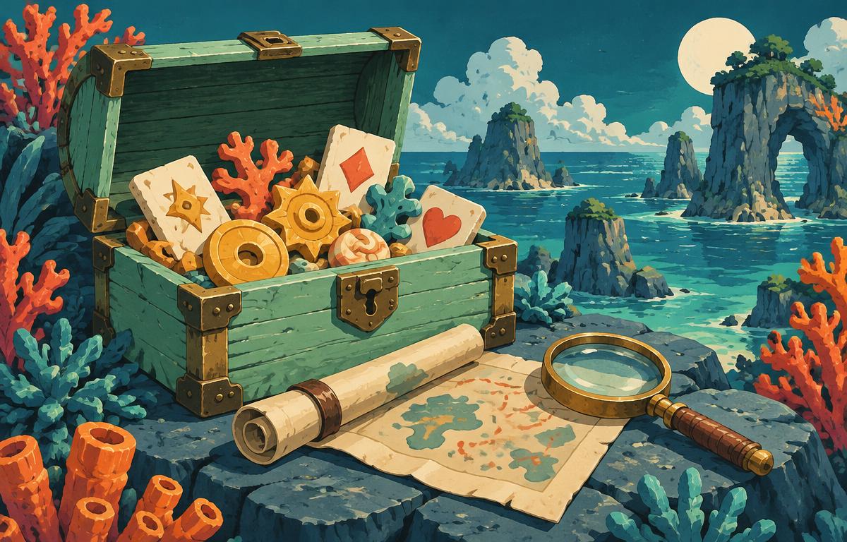 Illustrated chest of game tokens, cards and an explorer’s map