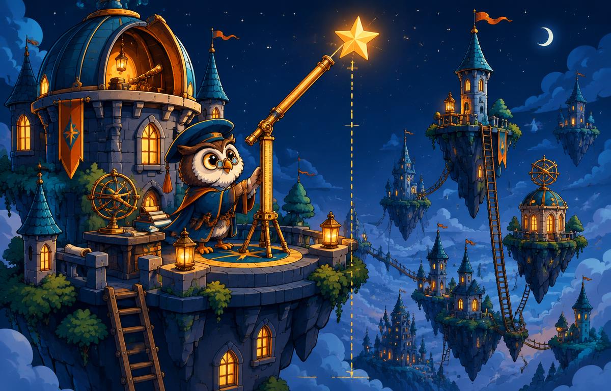 An owl measures a star above a castle observatory