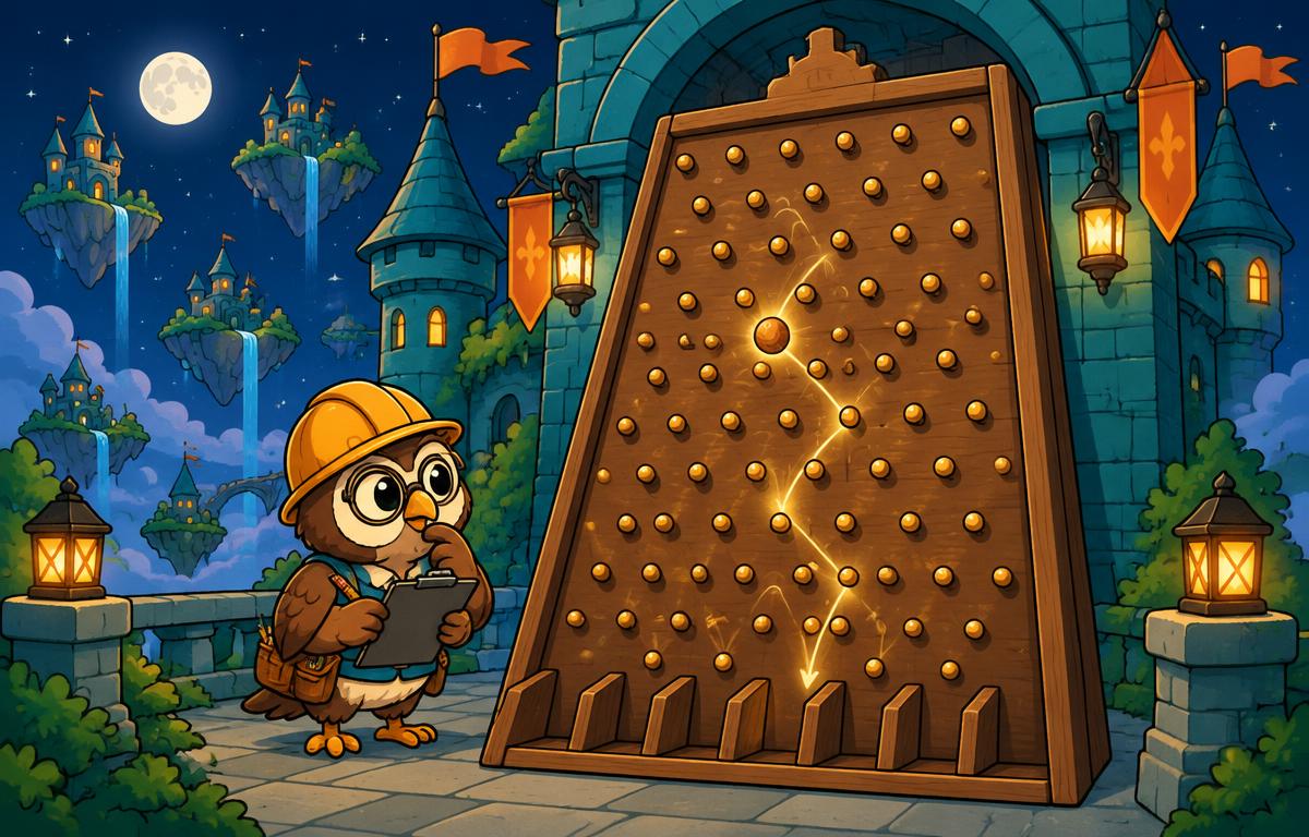 An owl engineer examines a ball and peg board beside a castle