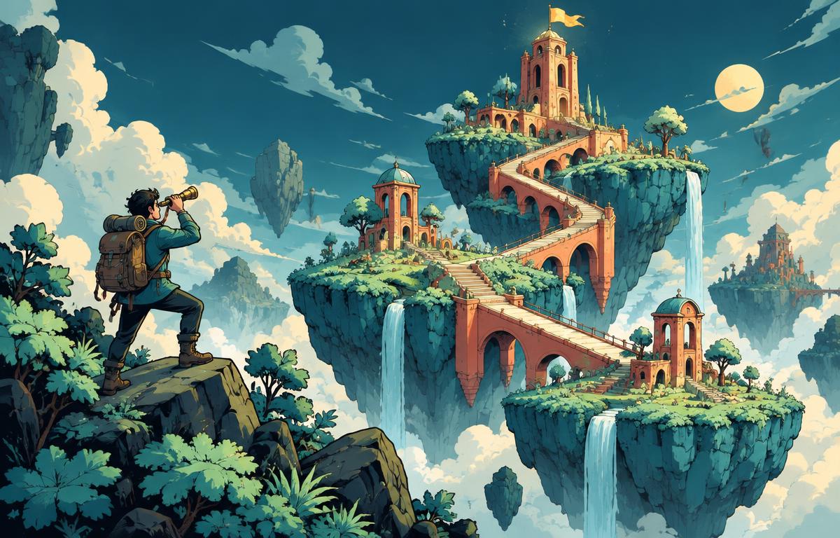 Illustrated explorer looking toward a tower on floating islands