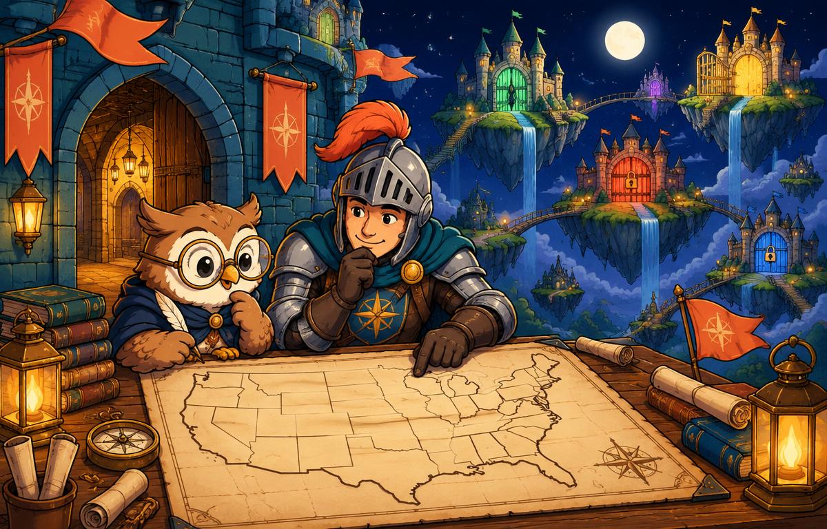 An owl and knight study a US map beside floating castles with open and closed gates